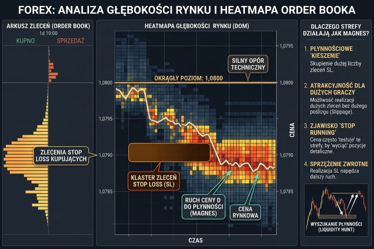 Heatmapa order booka / Depth of Market — widoczny klaster zleceń SL pod okrągłym poziomem (1,0800), ukazujący dlaczego te strefy działają jak magnes na cenę