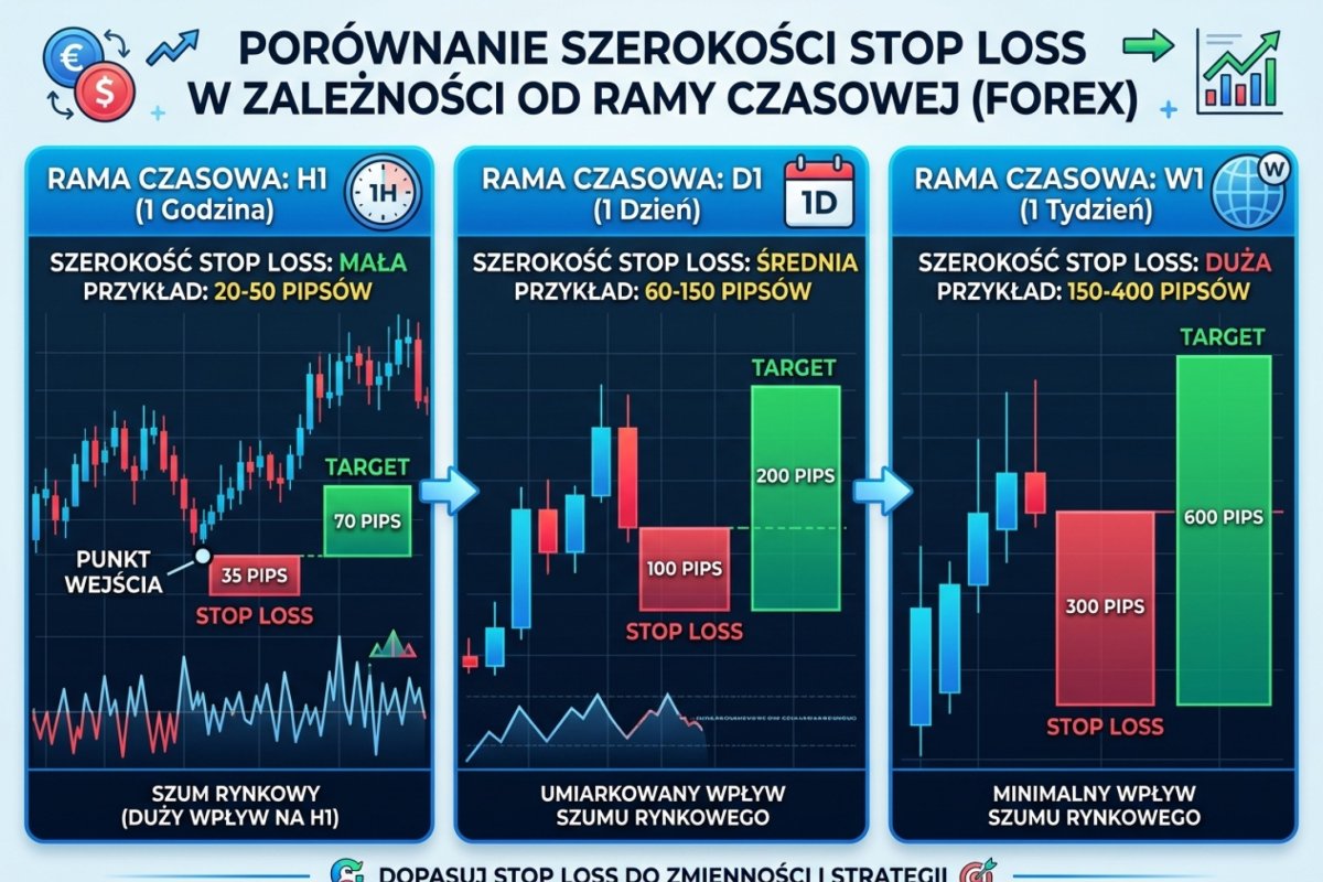 Porównanie szerokości Stop Loss w zależności od timeframe — H1 (20-50 pips), D1 (60-150 pips), W1 (150-400 pips) z zaznaczonym szumem rynkowym