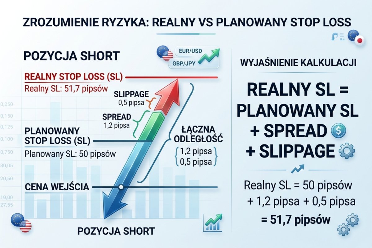 Realny SL vs planowany — diagram: planowany SL 50 pips, spread 1,2 pips, slippage 0,5 pips = realny SL 51,7 pips na pozycji short