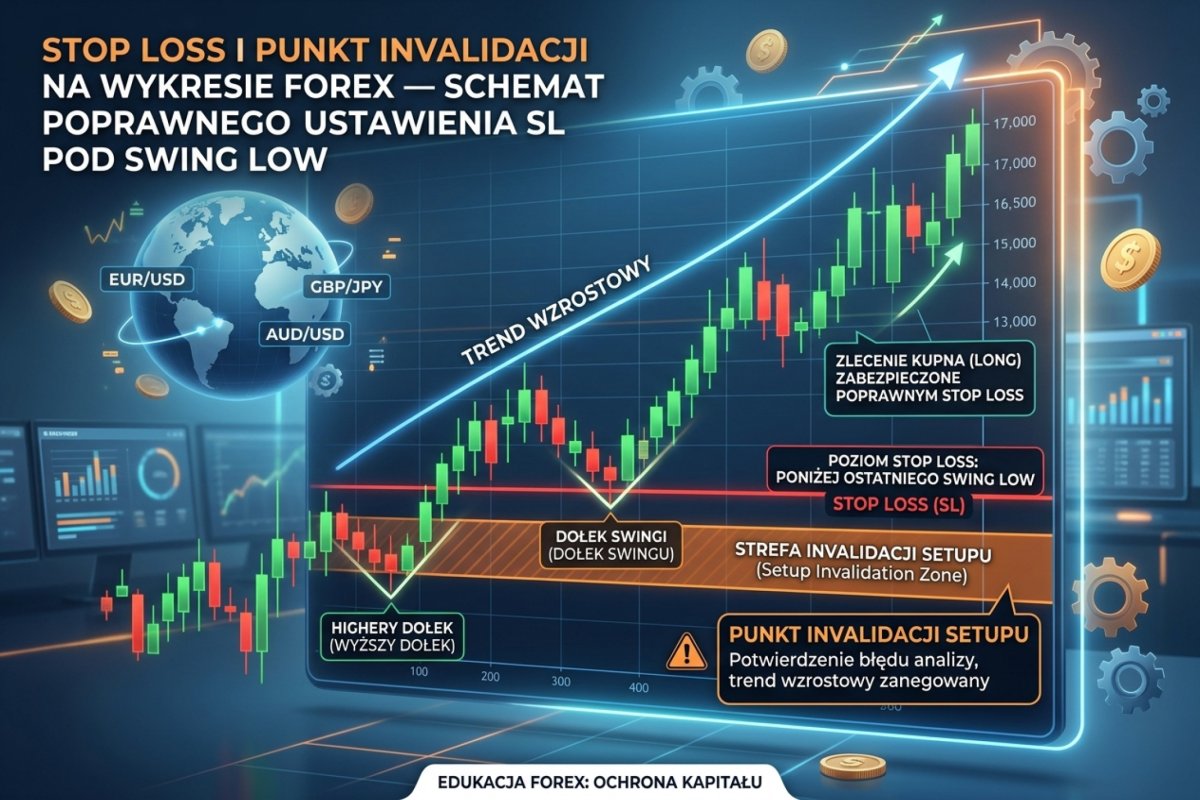 Stop Loss i punkt invalidation na wykresie Forex — schemat poprawnego ustawienia SL pod swing low z oznaczeniem strefy invalidacji setupu