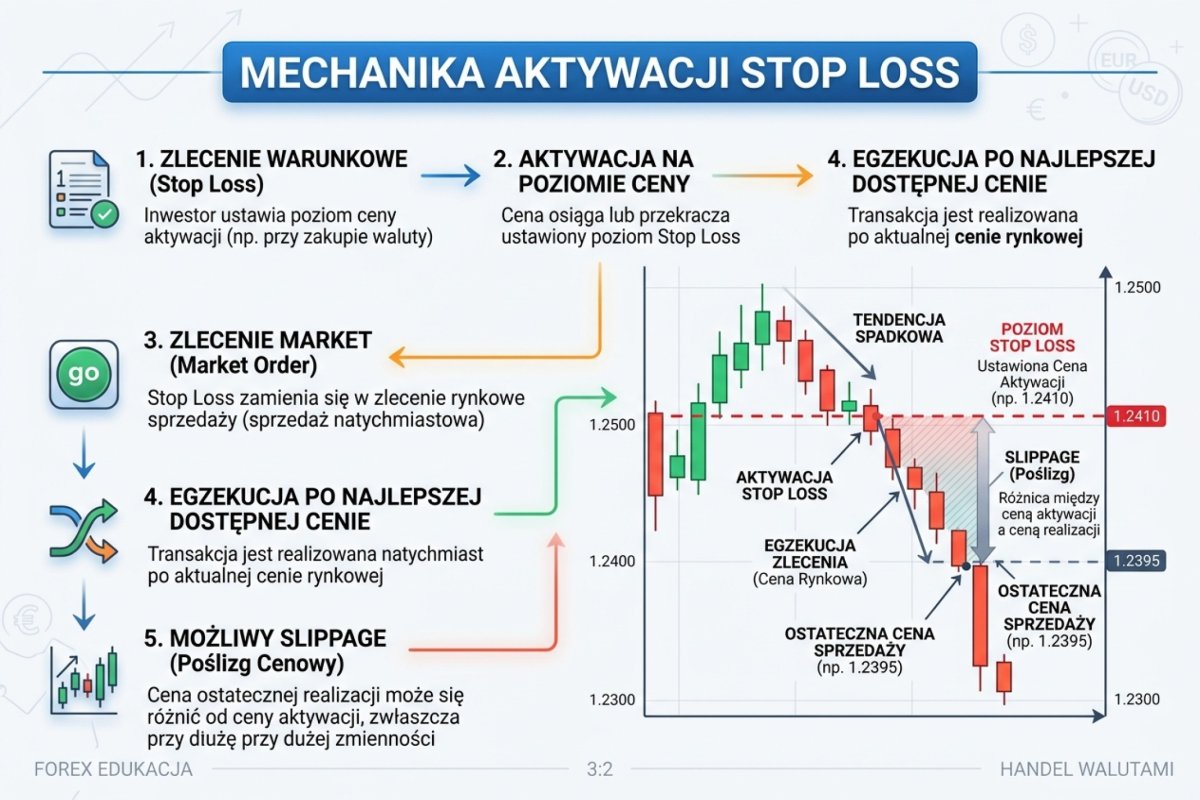 Mechanika aktywacji Stop Loss — schemat: zlecenie warunkowe → aktywacja na poziomie ceny → market order → egzekucja po najlepszej dostępnej cenie z możliwym slippage