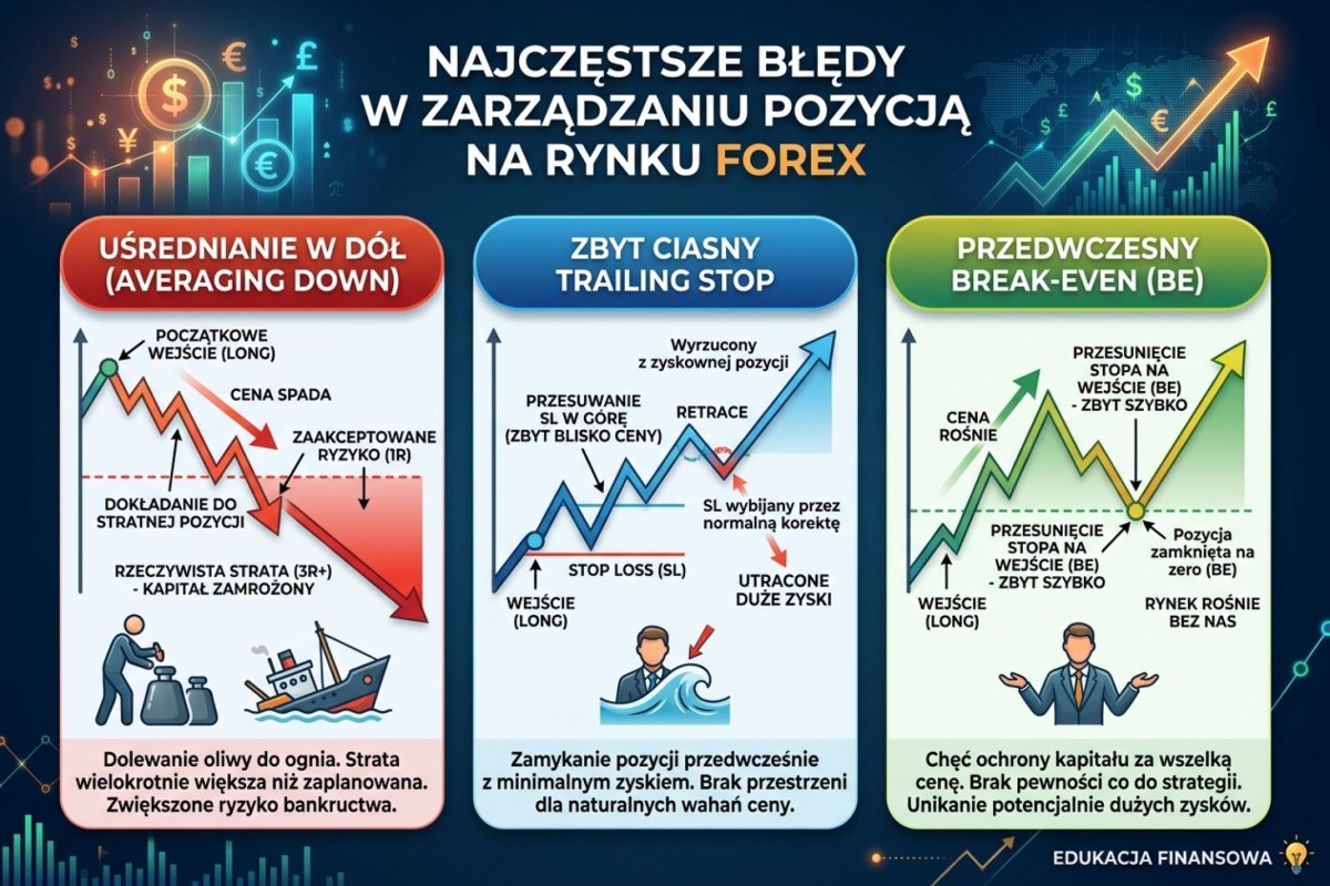 Najczęstsze błędy zarządzania pozycją — averaging down (strata 3R zamiast 1R), zbyt ciasny trailing (wybijany przez retrace), przedwczesny BE