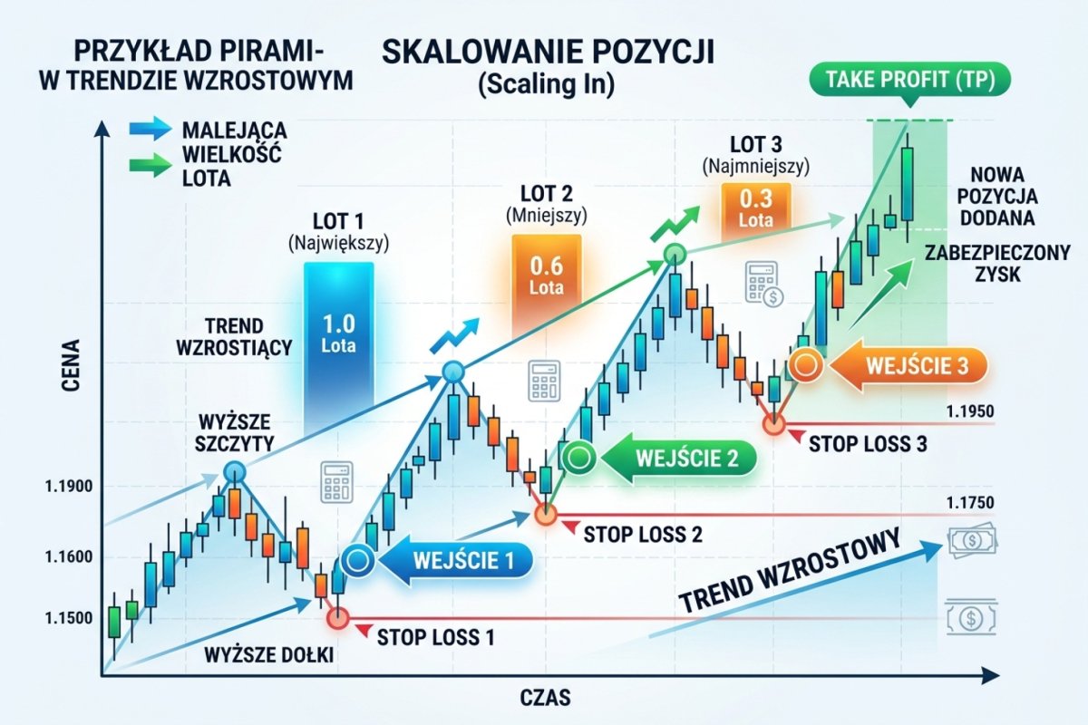 Scaling in (piramidowanie) — wykres trendu wzrostowego z trzema punktami dodania pozycji, każdy z własnym SL i malejącą wielkością lota