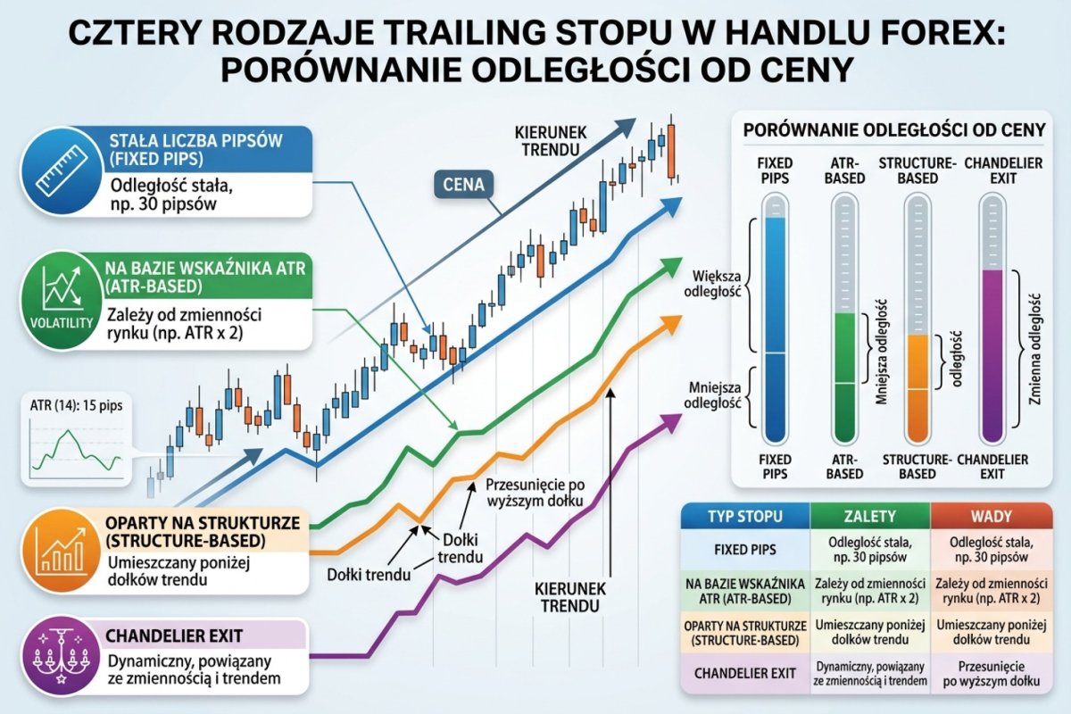 Cztery rodzaje trailing stopu na wykresie cenowym — fixed pips, ATR-based, structure-based i Chandelier Exit z porównaniem odległości od ceny