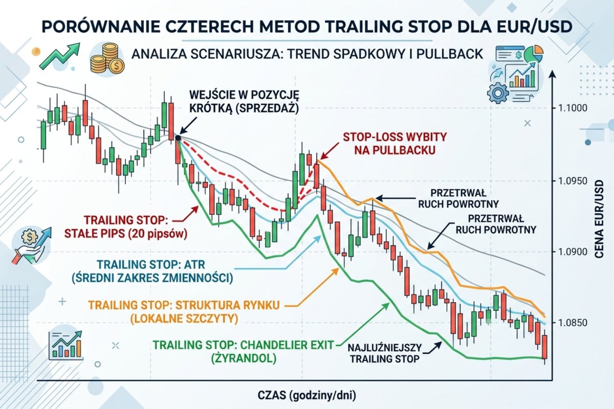 Porównanie wyników czterech metod trailing stop na scenariuszu EUR/USD — fixed pips wybity na pullbacku, ATR i structure przetrwały, chandelier najluźniejszy