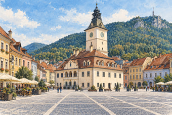 Plac z dawnym ratuszem w Braszowie, Rumunia — ilustracja AI