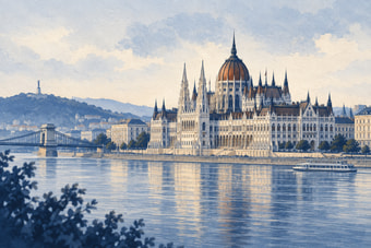Budapeszt z Parlamentem nad Dunajem — ilustracja AI