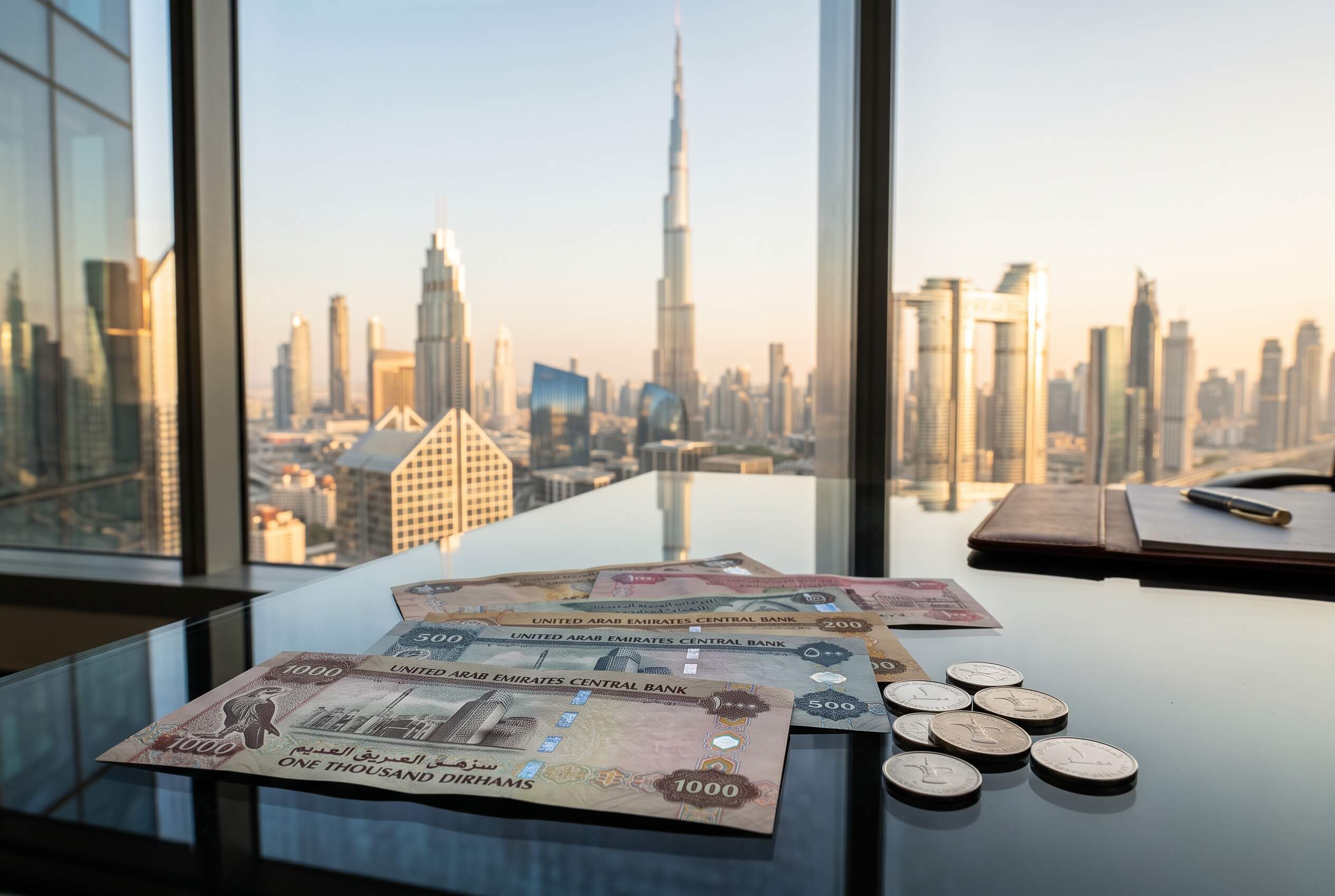 Dirhamy ZEA na tle panoramy Dubaju — grafika poglądowa