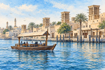 Tradycyjna łódź abra na Dubai Creek i zabudowa starego Dubaju — ilustracja AI