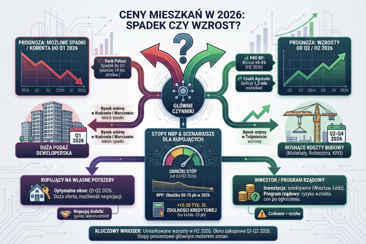 Czy ceny mieszkań w 2026 spadną, czy wzrosną? Prognozy banków, stopy NBP i realne scenariusze dla kupujących